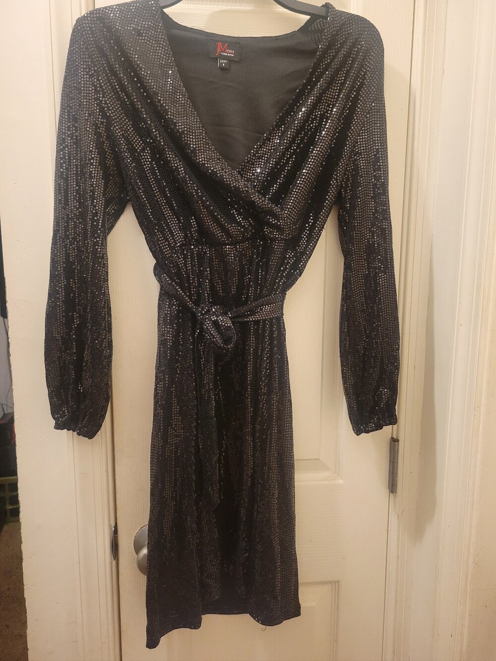 Black Metallic Long-Sleeve Wrap Dress